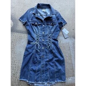 Wash Lab Denim Dress Button Down Corset Detail Frayed Hem Short Sleeve Medium